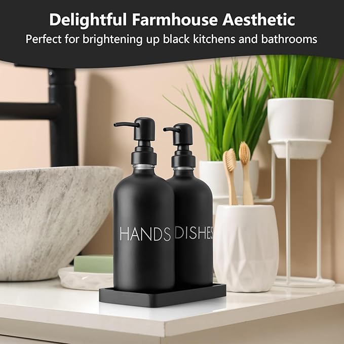 Black Dish and Hand Soap Dispenser Set - Glass Kitchen Soap Dispenser with Tray and Stainless Steel Pump - for Black Kitchen Decor and Accessories