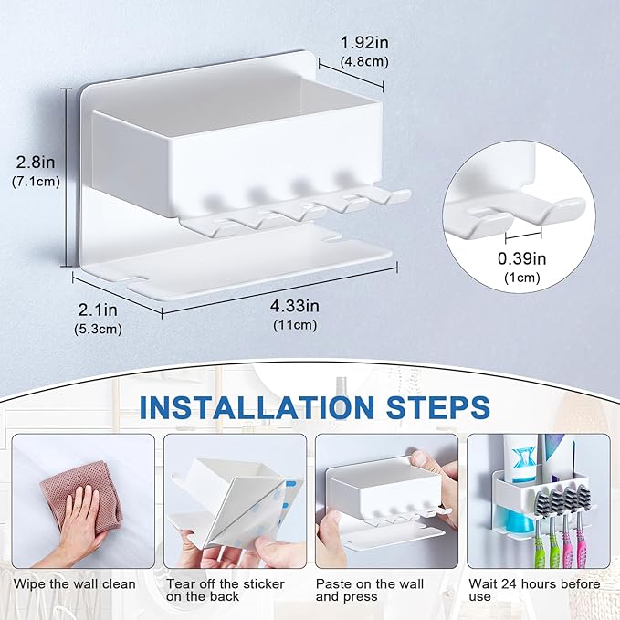 Toothbrush Head Holders, Electric Tooth Brush Head Holder, Adhesive Toothpaste Holder for Shower Bathrooms, Wall Mounted Tooth Brushing Holder Organizer Storage (White, Small)