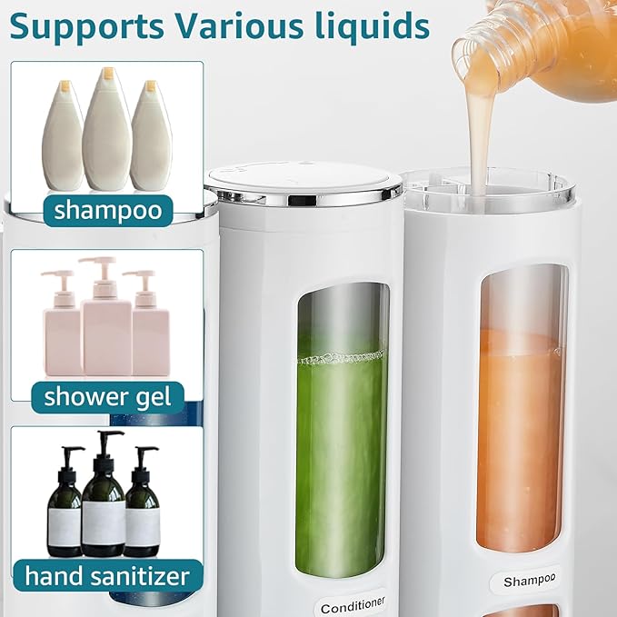 White 3-Chamber Wall Mounted Dispenser for Shower, Bathroom, Kitchen or Hotel - No Drilling Required, Holds Shampoo, Conditioner and Body Wash