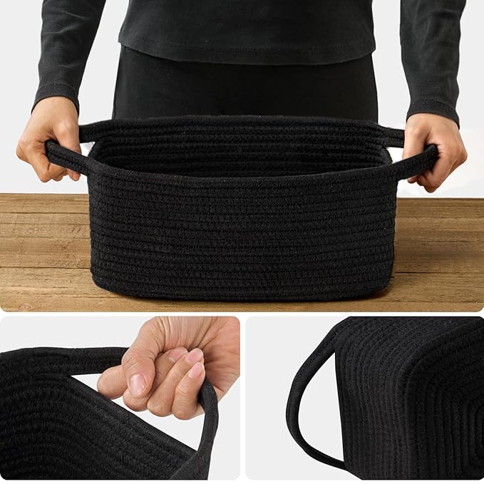 Small Woven Gift Basket Empty with Bag & Ribbon - Gifts for Mom, Baby Shower, Birthdays & Raffle - Cotton Rope Storage Basket for Dog Toys or Shelf - 12"x8"x5", Black