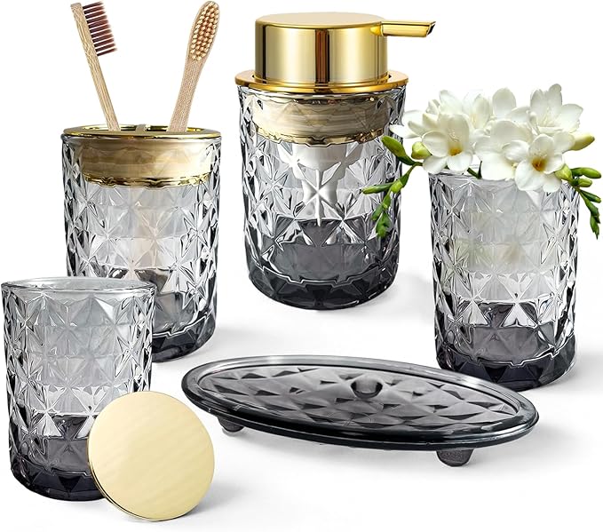5PCS Bathroom Accessory Set,Black Bathroom Countertop Organizer Set with Soap Dispenser, Toothbrush Holder, Tumbler, Q-tip Holder & Soap Dish,Elegant Functional Glass Set, Gift for Home & Apartment