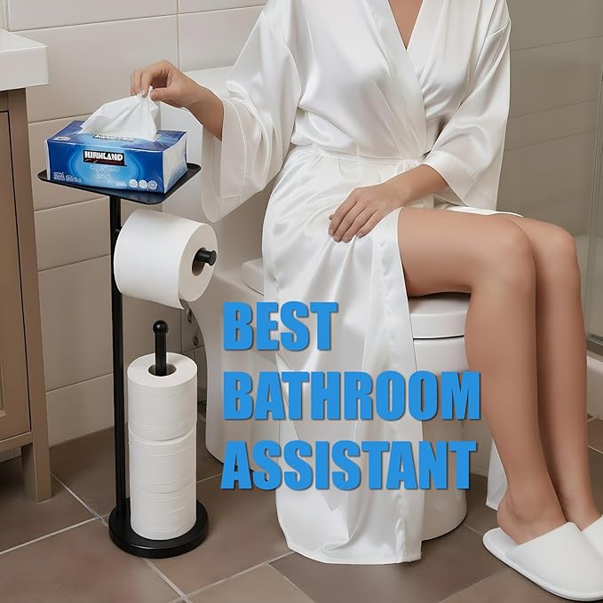 Toilet Paper Holder with Shelf, Freestanding Toilet Paper Stand with Storage Space for Holding Extra 4 Toilet Paper Rolls (Stainless Steel Base, Black)