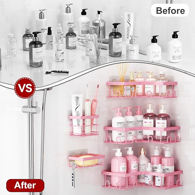 Liuoud Corner Shower Caddy 5 Pack, Rustproof Stainless Steel Shower Organizer with Soap Rack Toothbrush Holder, Large Capacity Adhesive No Drilling Bathroom Kitchen&Home Decor Set, Pink