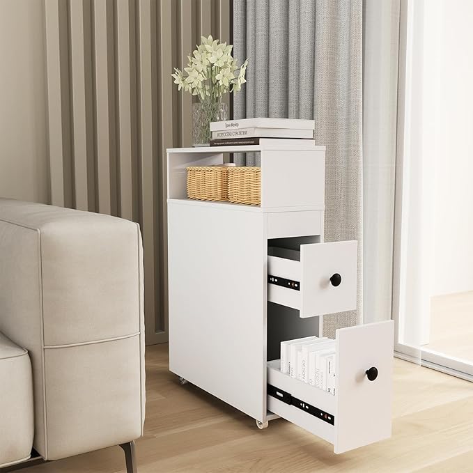 HOMGX Slim Bathroom Storage Cabinet, Narrow Floor Bathroom Organizer with Universal Wheels, Freestanding Side Toilet Storage with 2 Drawers, Rolling Bathroom Space Saver for Corner Small Spaces, White