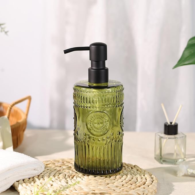 17 OZ Sunflower Embossed Glass Soap Dispenser - 2 Pack, with 304 Rust Proof Stainless Steel Pump, Glass Soap and Lotion Dispenser Set, Liquid Hand Soap Dispenser for Home, Kitchen & Bathroom (Green)