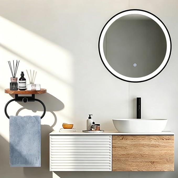 Hand Towel Ring with Shelf, Stainless Steel Hand Towel Holder, Heavy Duty Bath Accessories, Wall Mounted Towel Hanger for Bathroom Kitchen (Wood Black)