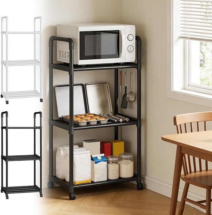 3-Tier Storage Rack Black Metal Shelves Shelf Storage Shelving Shelf Rack for Microwave Cookware Organizer Kitchen Storages Rack for Living Room Office Bathroom Garage Storage Shelves Gifts for Women