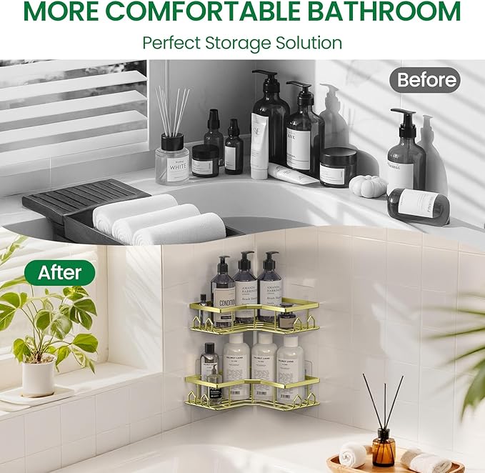 Adhesive Shower Caddy, 6 Pack Corner Bath Organizer, Rustproof Stainless Steel Shower Shelves with Large Capacity, No Drilling Shelves for Bathroom Storage, Home, Kitchen Décor(Gold)