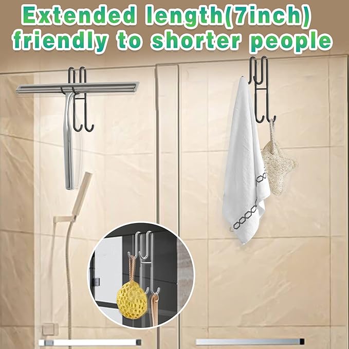 Cerbonny Shower Door Hooks, 2 Pack Double Towel Hooks for Bathroom Frameless Glass Shower Door, Heavy Duty Stainless Steel Bathroom Hanger Without Perforation,Black