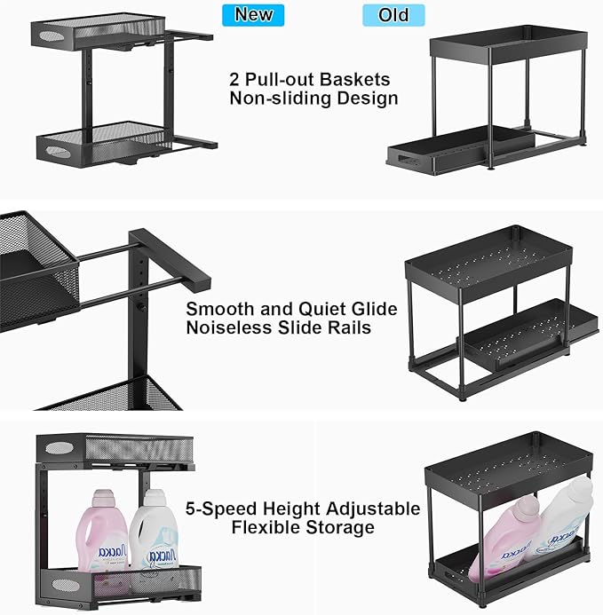 2 Pack Under Sink Pull Out Organizer, 2-Tier Adjustable Height Carbon Steel Storage Rack for Kitchen and Bathroom Cabinet, Black