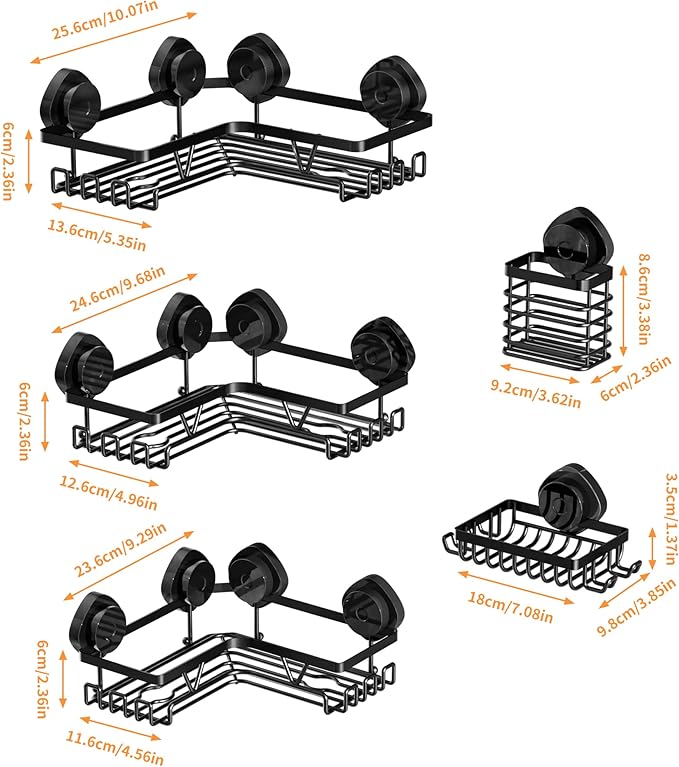 KEGII 5 Pack Corner Shower Caddy Suction Cup, Large Capacity Bathroom Organizer with Soap Dish & Toothbrush Holder, No Drilling Stainless Steel Wall Mounted Shower Storage, Black