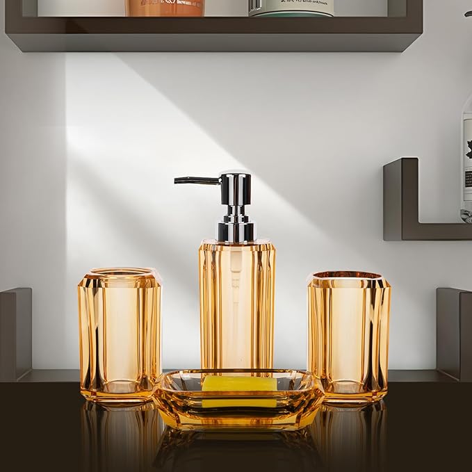4-Piece Champagne Gold Bathroom Accessories Set with Soap Dispenser, Soap Dish, Tumbler & Toothbrush Holder, Glossy Acrylic with Champagne Accent, Vanity Bathroom Decor