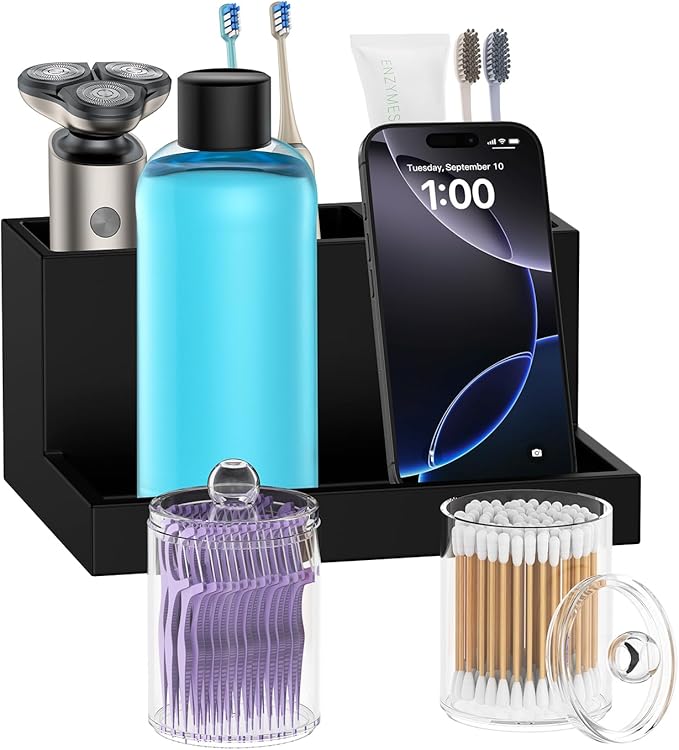 Toothbrush Holder for Bathroom with 2PCS Qtip Holder Dispenser, 3 Slot Bathroom Accessories Holder Floss Cotton Swab Holder Bathroom Vanity Tray for Oral Care Comestic Organizer Counter Storage, Black
