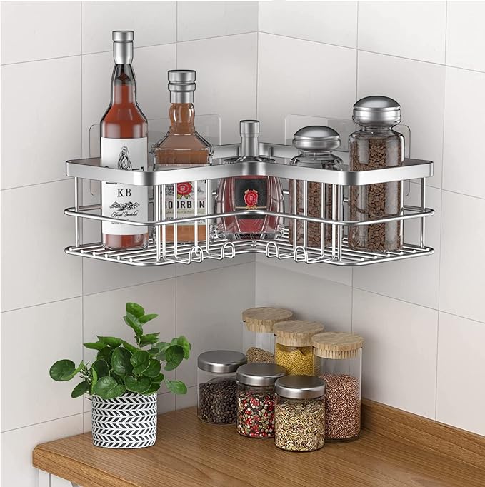 Corner Shower Caddy, 4-Pack Adhesive Shower Shelves with Soap Holder No Drilling, Rustproof Bathroom Shower Organizer Storage, Silver