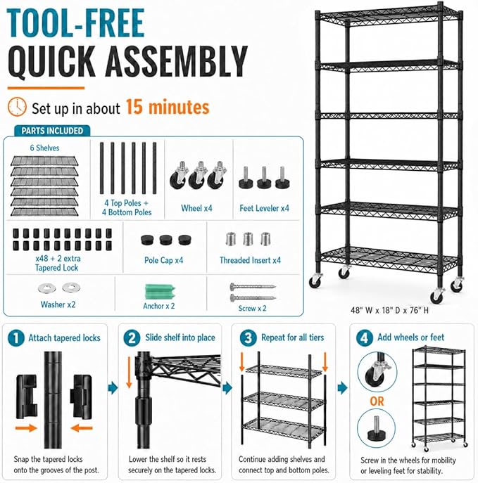 6-Tier Heavy Duty Wire Shelving Unit with Wheels or Leveling Feet, 6000 LBS Total Capacity, Adjustable Metal Storage Rack for Garage, Pantry, Kitchen, Basement, 48" W x 18" D x 76" H, Black