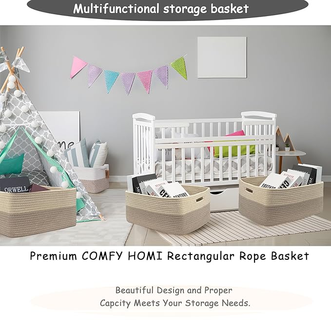 COMFY-HOMI Cotton Rope Woven Basket with Handles for Shelves,Toys,Book, Cloth Storage Baskets for Organizing-17" x 13" x 7.5" Toy Decorative Organizer for Living Room, Bathroom (Beige brown)