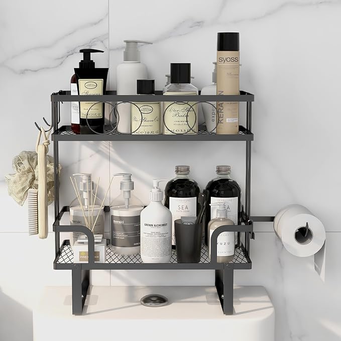 Over The Toilet Storage,Bathroom Shelves Over Toilet,2 Tier Above Toilet Storage with Hanging Hook & Toilet Paper Holder,Non-Trace Adhesive, No Drilling Toilet Organizer (Black)