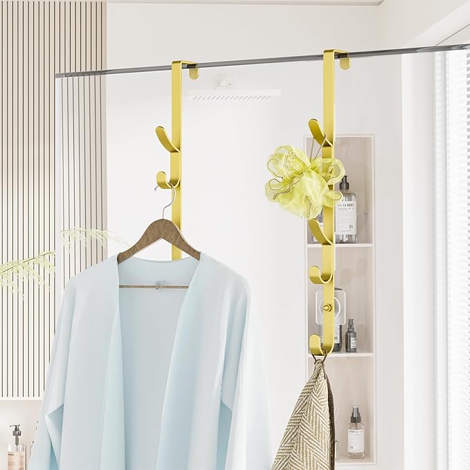 Kaiferty Over The Door Hooks, Metal Door Hooks for Hanging, Over The Door Purse Organizer for Door Coat Hanger, Back of Shower for Hanging Towel Rack Clothes, Hat, Bathroom, Closet (Gold-2Packs)