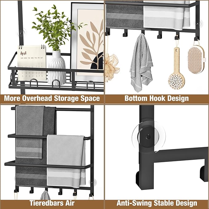 Aetyord Towel Racks for Bathroom Over the Door Towel Rack Towel Storage with Metal Shelf Basket and Hooks Black