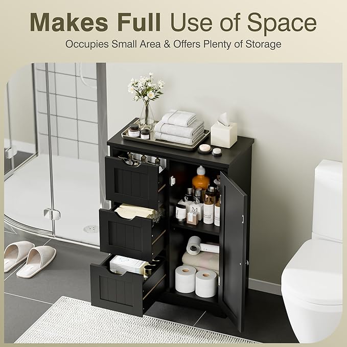 SUPER DEAL Bathroom Storage Cabinet with 3 Drawers and 1 Door, Entryway Home Decor Furniture Towels Storage Organizer Unit, Black
