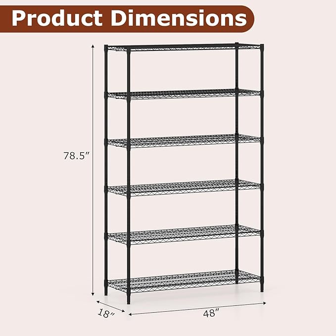 GOFLAME 6-Tier Metal Storage Shelving Unit, Heavy-Duty Adjustable Utility Shelf with V-Shaped Wire Rack, 450 LBS Storage Organizer for Home, Kitchen, Garage, Basement, 48”L x 18”W x 78.5”H