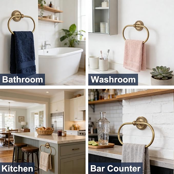 Oval Towel Ring, Brass Towel Holder for Bathroom Wall Mounted, Antique Gold Hand Towel Ring, Fashion Towel Rack Hanger for Washroom, Kitchen, Washbasin, Bar