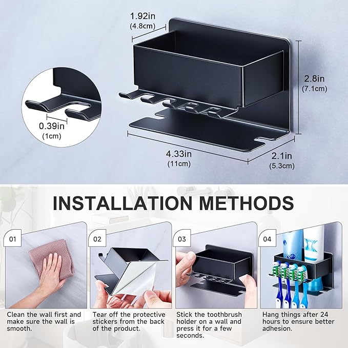 Toothbrush Head Holders, Electric Tooth Brush Head Holder, Adhesive Toothpaste Holder for Shower Bathrooms, Wall Mounted Tooth Brushing Holder Organizer Storage (Black, Small)
