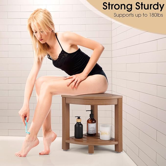 Apolimi HDPE Corner Shower Stool,Shower Bench Seat with Storage Shelf for Shaving Legs Plastic Spa Bath Step Foot Rest for Bathroom Small Place (Teak)