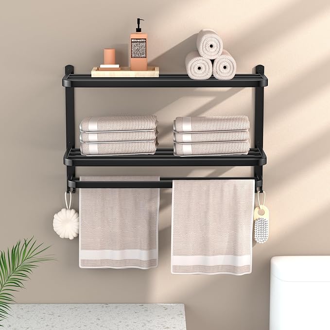23 Inch 3-Tier Black Towel Racks for Bathroom with Towel Bars Multilayer Hotel Towel Shelf Stainless Steel Wall-Mounted Matte Finished Holder with Towel Shelves