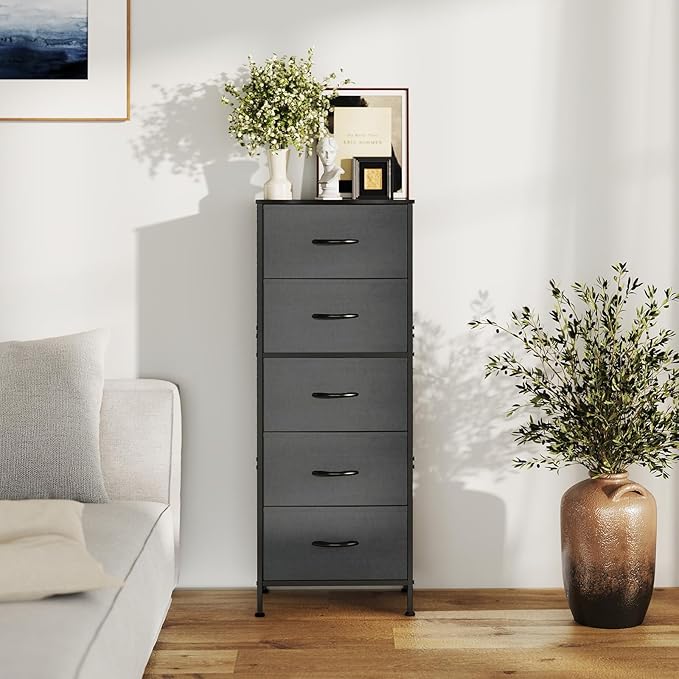 DUMOS Nightstand with 5 Drawers Bedside Table with Removable Fabric Bins Sturdy Steel Frame Wood Top Organizer Furniture for Bedroom Closet Living Room, Grey
