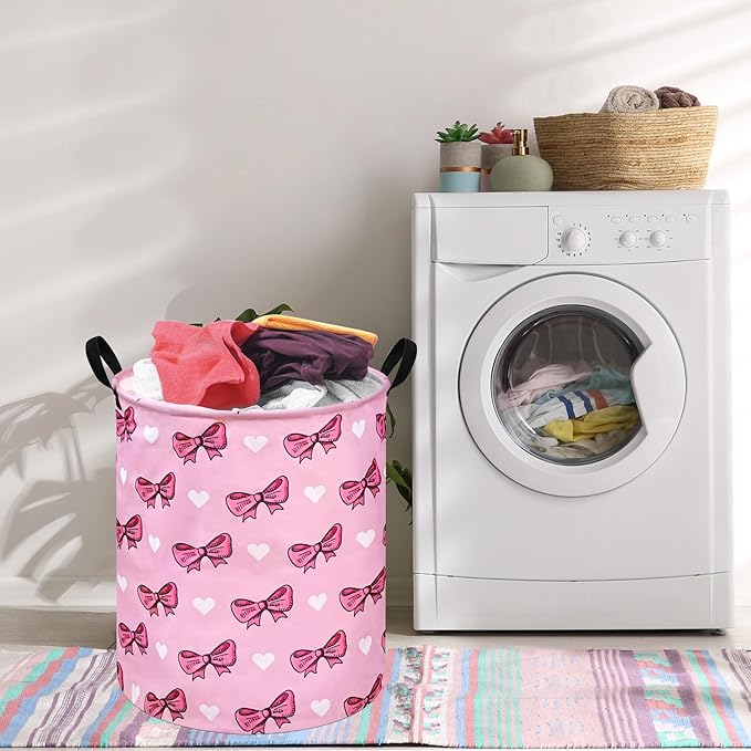 Kids Laundry Hamper Storage Basket Laundry Organizer Hamper Storage Bins Clothes Box Nursery Hamper Gift Basket with Handles (Bowknot)