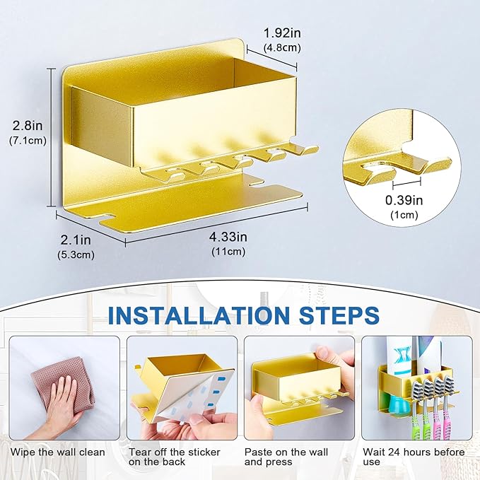 Toothbrush Head Holders, Electric Tooth Brush Head Holder, Adhesive Toothpaste Holder for Shower Bathrooms, Wall Mounted Tooth Brushing Holder Organizer Storage (Gold, Small)