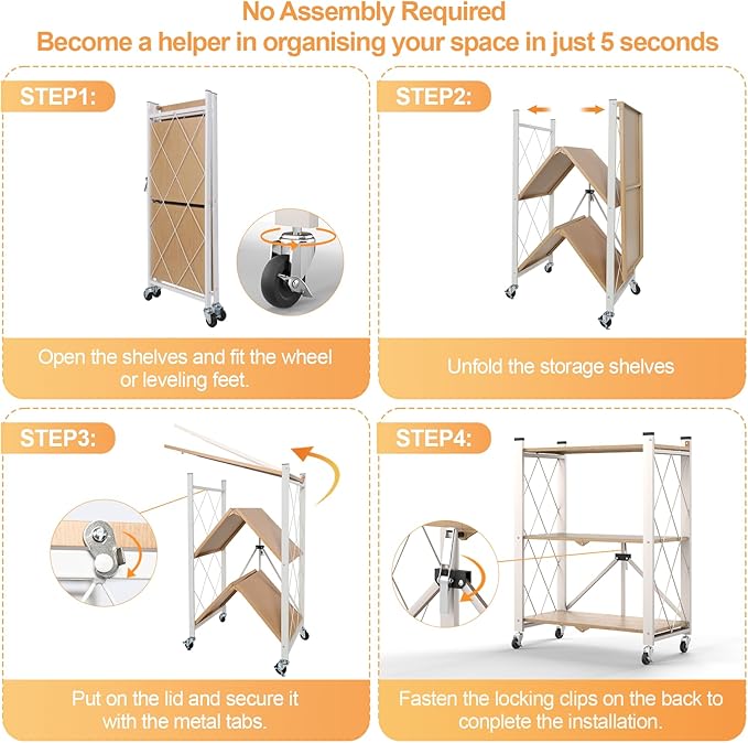 3 Tier Folding Shelf with Wheels, Metal Steel Collapsible Shelves, Folding Bookshelf no Assembly, Portable Folding Storage Shelves, Rolling Standing Utility Rack for Kitchen, Office, Bedroom, Natural