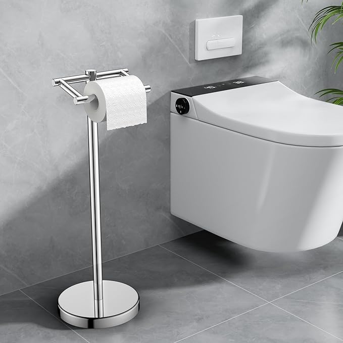FORIOUS Toilet Paper Holder Wall Mount, Stainless Steel Rustproof Double Post Pivoting Tissue Roll Holder for Bathroom, Commercial Toilet Paper Dispenser Freestanding Toilet Paper Stand, Chrome