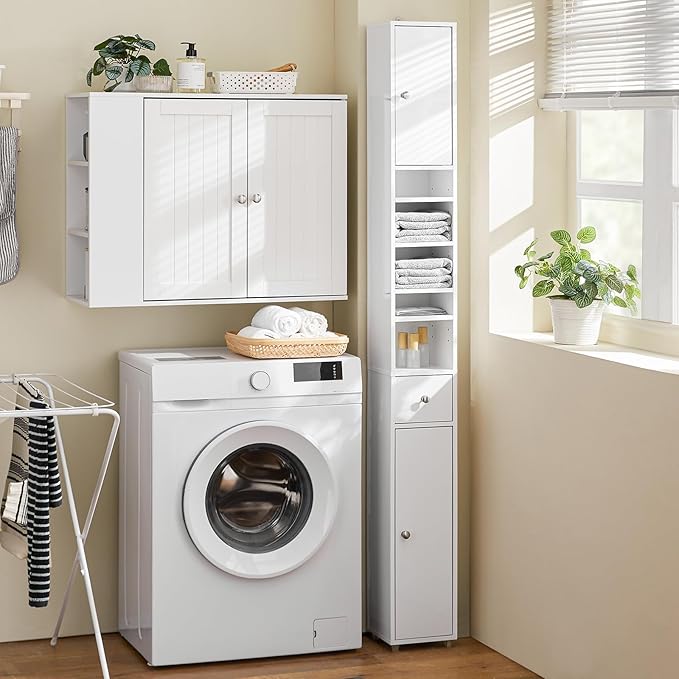 Haotian Bathroom Skinny Tall Storage Cabinet, Slim Stand Narrow Tower Cabinet with Adjustable Shelves for Small Spaces, White BZR167-GW