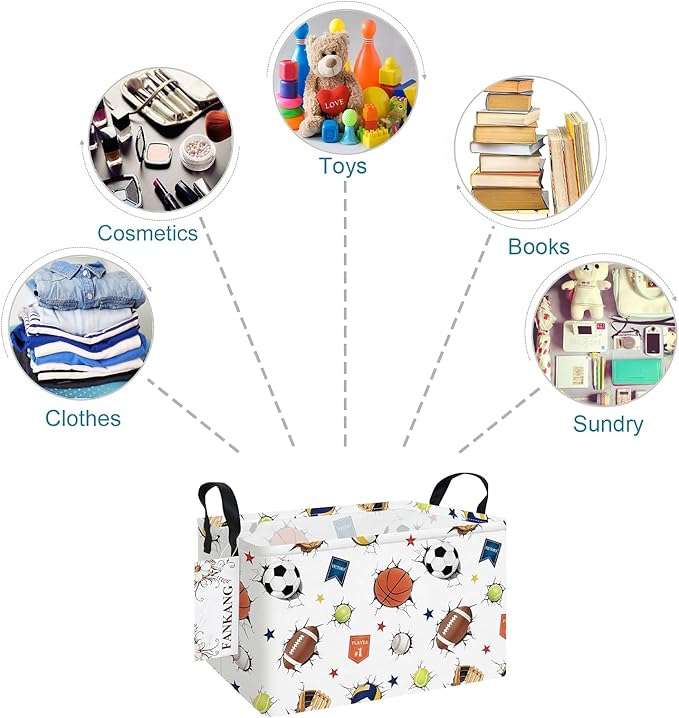 Storage Bins,Nursery Hamper Canvas Laundry Basket Foldable with Waterproof PE Coating Storage Baskets for Boys and Girls, Office, Bedroom, Clothes,Toys(Rec-3D Sports Balls )