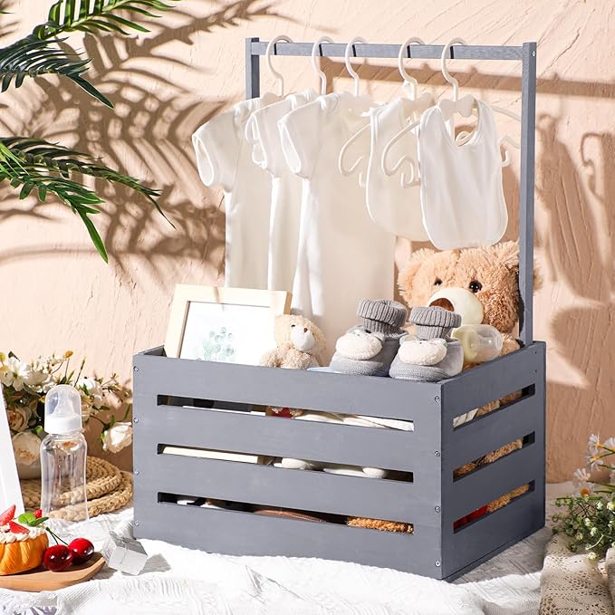 Suzile Wooden Baby Shower Crate Closet Wood Basket for Gifts with Handle Boy Girl Clothes Gender Reveal Storage Box for Newborn New Parent(Gray)