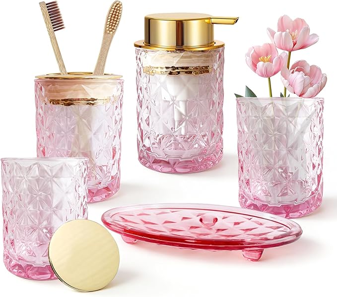 5PCS Bathroom Accessory Set,Pink Bathroom Countertop Organizer Set with Soap Dispenser, Toothbrush Holder, Tumbler, Q-tip Holder & Soap Dish,Elegant Functional Glass Set, Gift for Home & Apartment