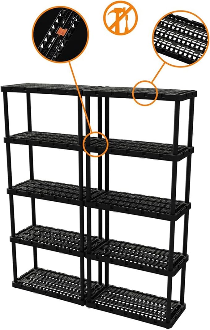 Gracious Living 5-Shelf Plastic Storage Shelves, Heavy-Duty Garage Shelving Unit, Black - Standing Organizer Rack for Kitchen, Bathroom, and Laundry Room