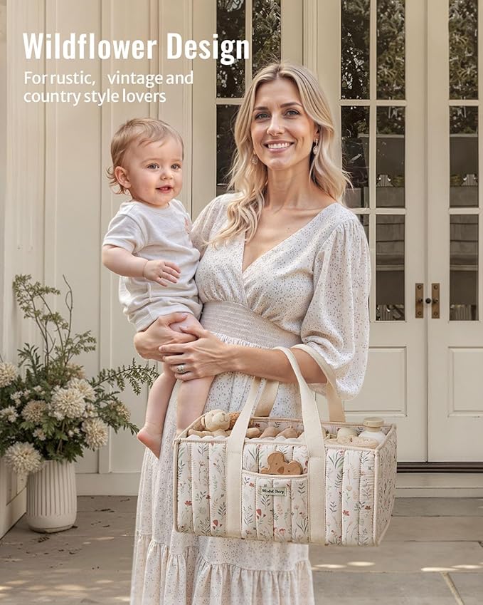 Blissful Diary Floral Diaper Caddy Organizer, Stylish Nursery Storage Basket, Gift for Baby Shower, Newborn Essentials, Floral Beige