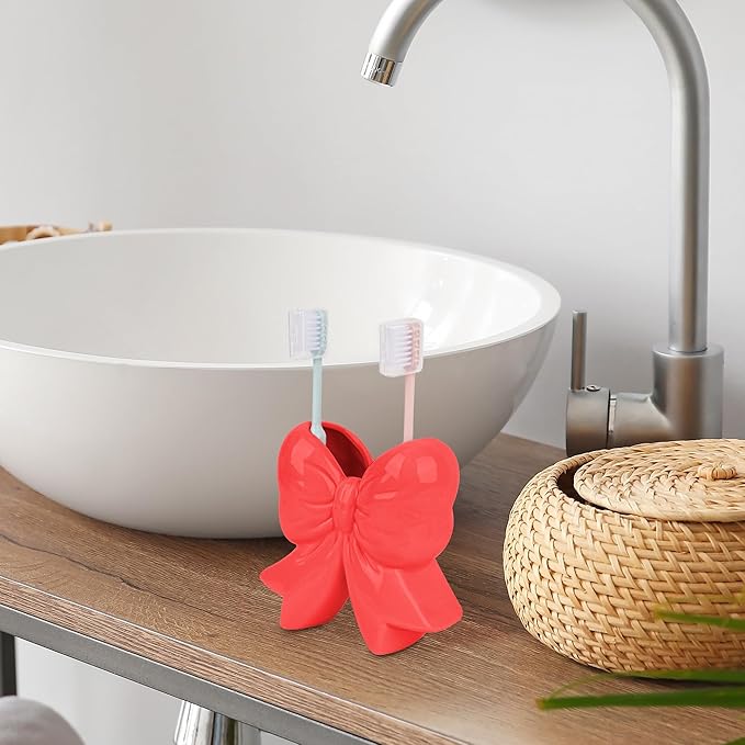Cute Toothbrush Holder, Ceramic Bow Toothbrush Holder, with Drain Hole Bathroom Countertop Accessories, for Bathroom Canister Storage Organization, Vanity Makeup Organizer (Red)