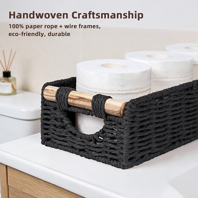 CubesLand Back of Toilet Storage Basket for Organizing w/Cut Out Handle, Handwoven Toilet Tank Top Paper Baskets, Small Wicker Decorative Basket for Countertop, Home, Living Room, Nursery, Black