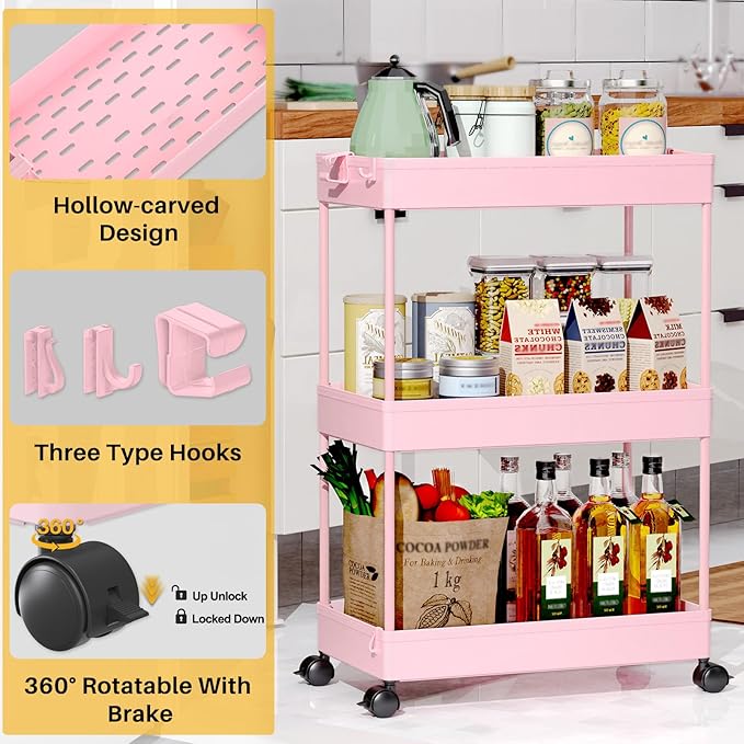 SPACEKEEPER Rolling Storage Cart 3 Tier, Bathroom Cart Organizer Laundry Room Organizer Utility Cart Mobile Shelving Unit Multi-Functional Shelves for Office, Kitchen, Bathroom, Pink