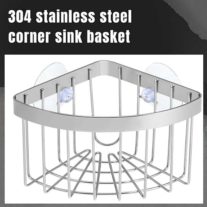 304 Stainless Steel Corner Sink Caddy,Movable Suction Cup Sponge Holder with Strong Suction Cups, Sink Organizer with Soap Dish for Kitchen and Bathroom