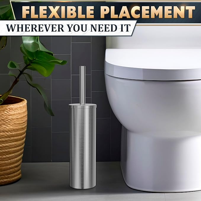 Stylish Stainless Steel Toilet Brush and Holder Set - Silver Toilet Bowl Brush and Holder with Splash Cover, Sturdy Bristles, Corrosion & Scratch Resistant - Elegant Design, Effective Deep Cleaning