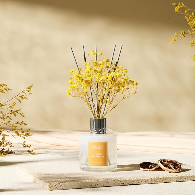 Airkeep Reed Diffuser Set,3.38 fl oz (100 ml) - Lemon Eucalyptus Oil Diffusers with 8 Reed Sticks, Home Fragrance Reed Diffuser for Bathroom Shelf Decor