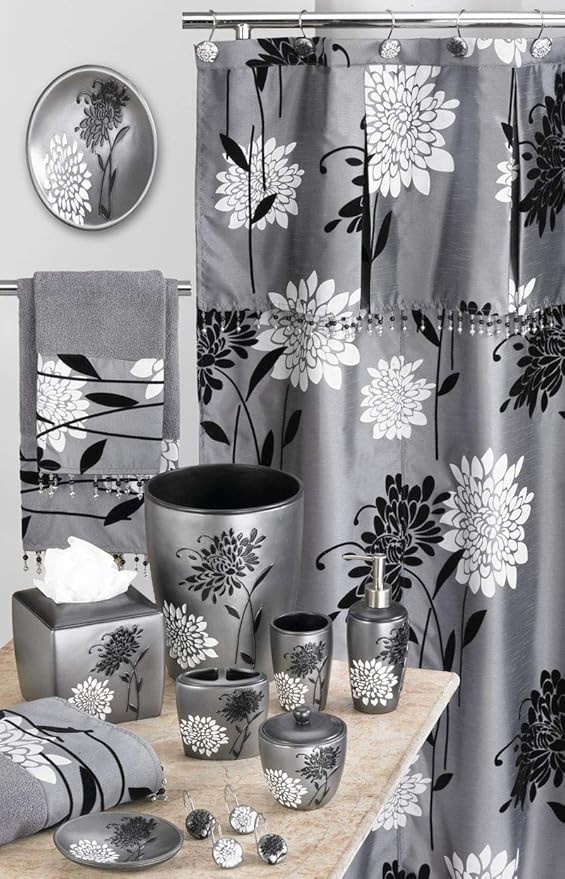 Zahari Home 13pc Erica Bathroom Fabric Shower Curtain Sets Bathroom Shower Curtain & 12 Shower Bathroom Hooks Modern Classic Luxury Contemporary Decor Grey Shower Curtain Stylish Bath Sets