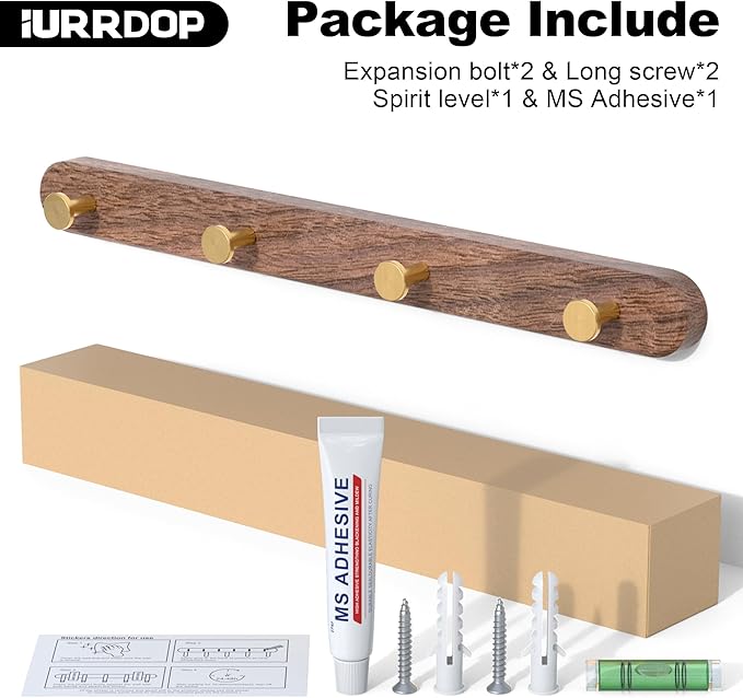 16 Inch Walnut Wood Wall Mounted Coat Rack with 4 Golden Round Hooks, Adhesive Mounted Entryway Hooks, Modern Natural Wooden Pegs for Hanging Coat Clothes Hat Bag Purse Key and Towel