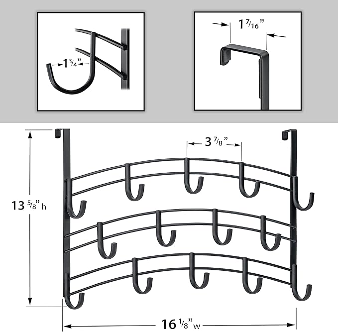LYNK Professional® Home™ Over the Door Hooks - 14 Hook – Over the Door Coat Rack - Over the Door Hanger - Hanging Towels or Clothes - Bathroom, Bedroom, Laundry Room - Lifetime Ltd. Warranty, Black