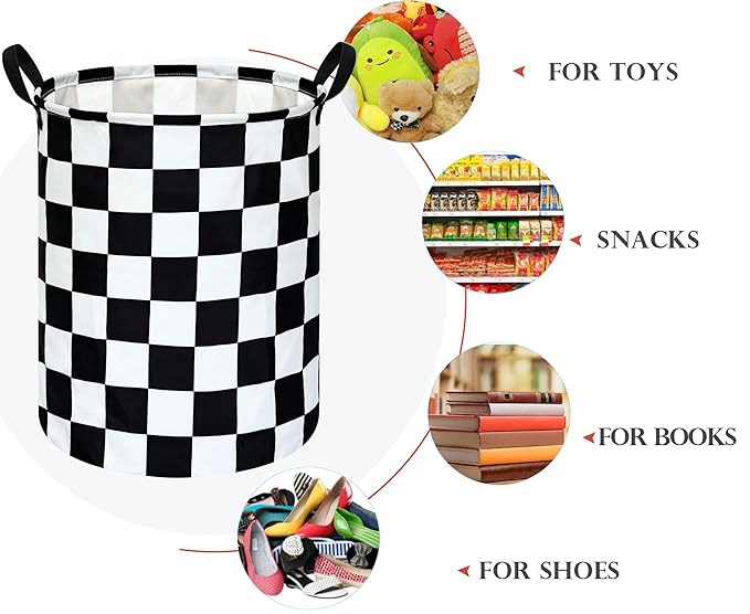 19.7 Inch Round Laundry Hamper Black Check Laundry Basket Fabric Storage Hamper Organization Basket, Storage Bin, Toy Box,Gift Basket with Handles for Room